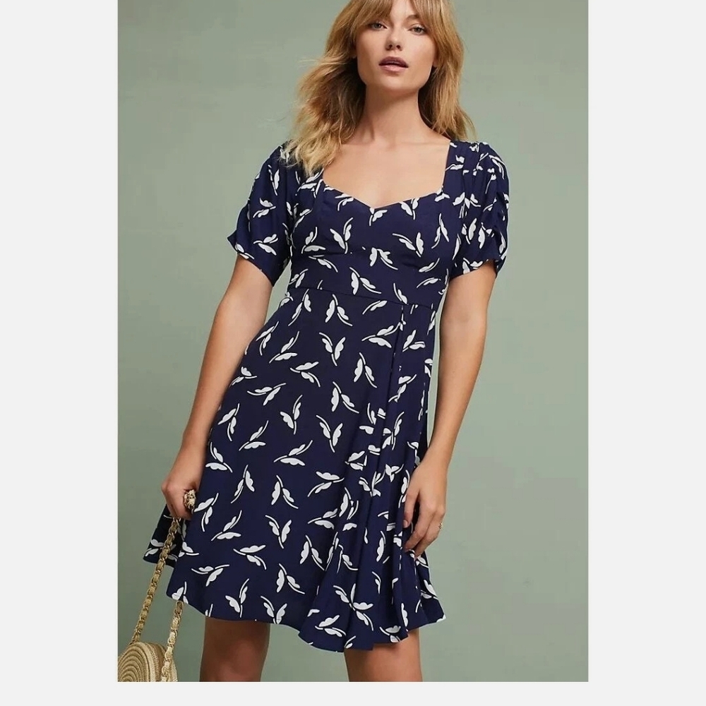 Maeve Navy Mini Dress with White Leaf Print